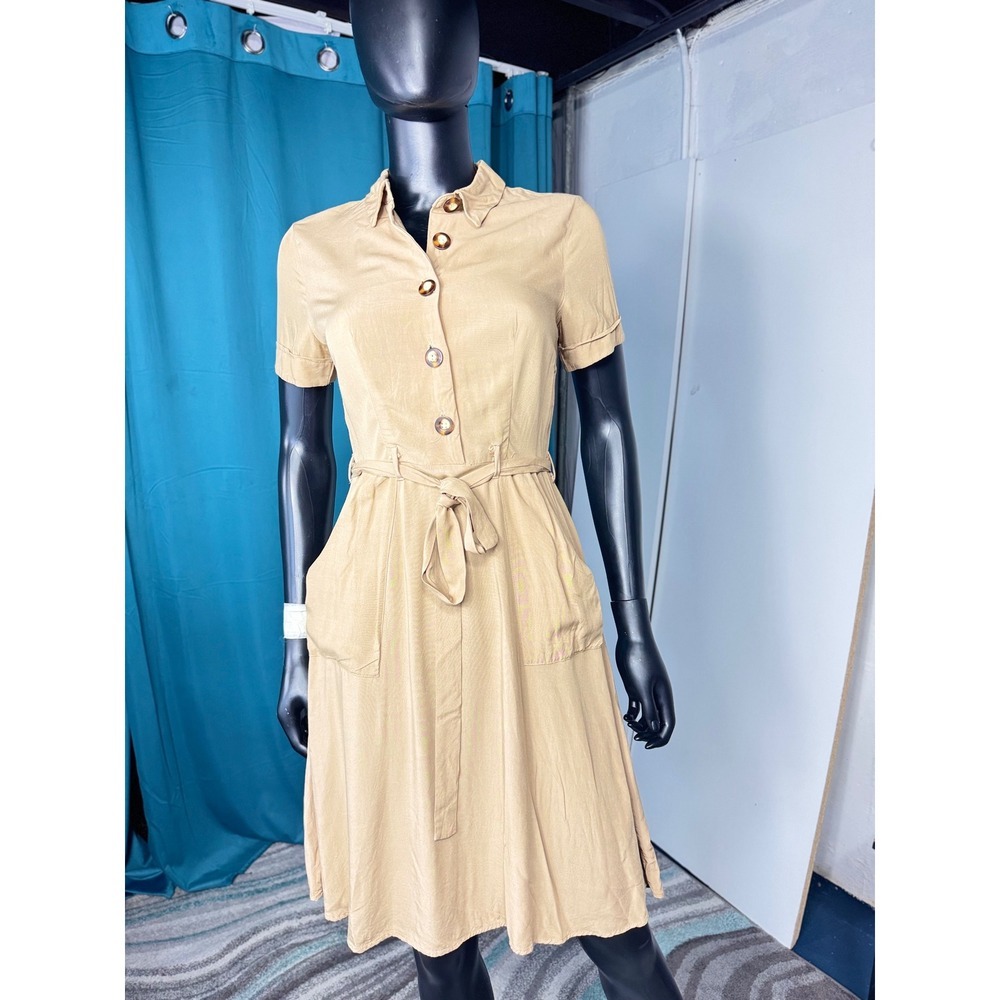 Monteau Los Angeles Women's Button Down Midi Dress Short Sleeve Belted‎ Beige S